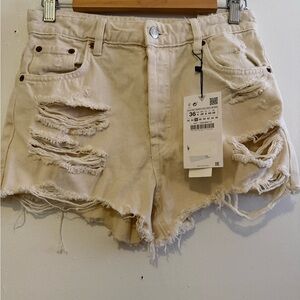Zara Cream Distressed Jean Shorts